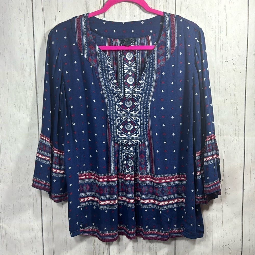 Lucky Brand Womens Blue Peasant Boho V Neck Bell Sleeve Lightweight Top Blouse